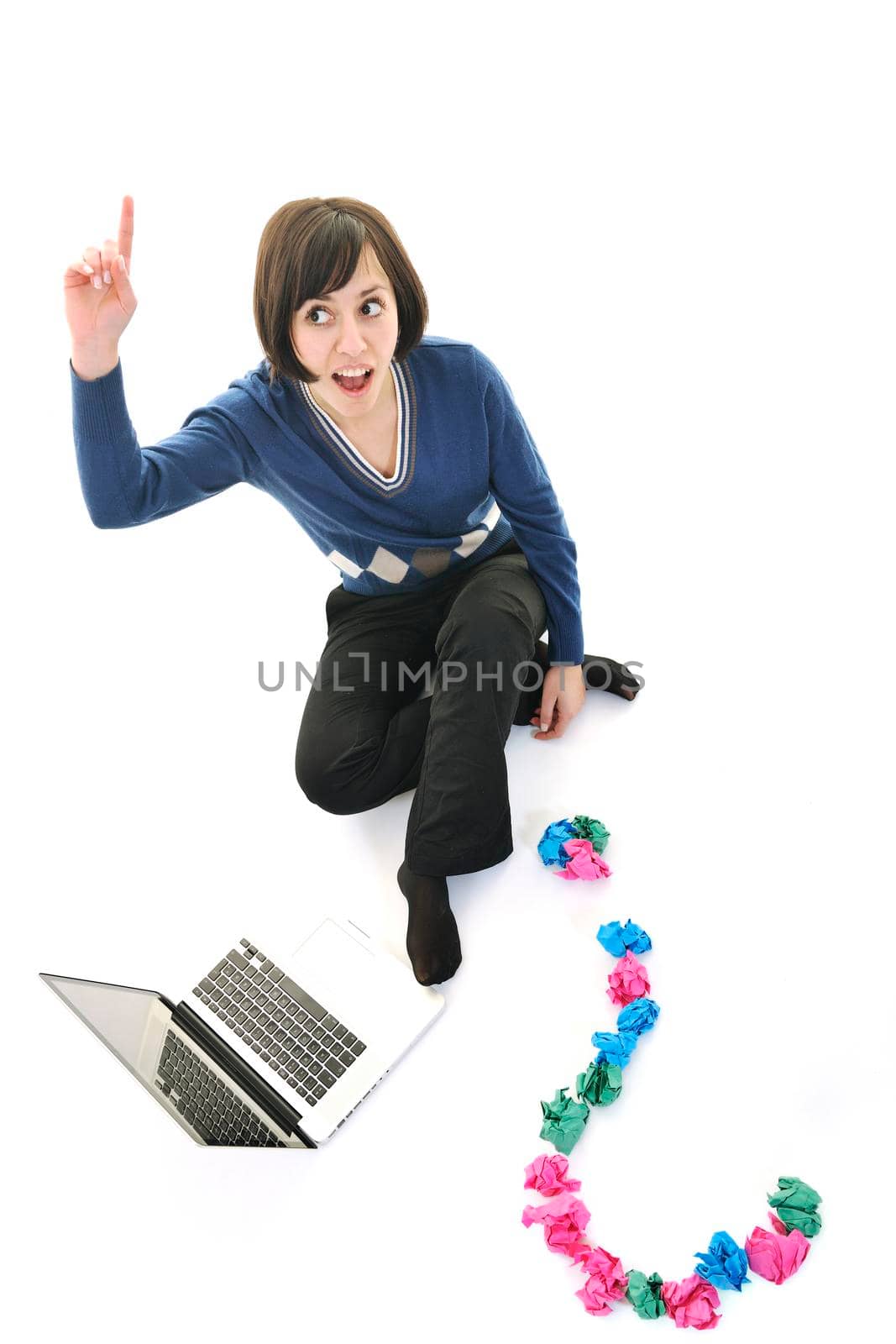 young beautiful brunette student woman working on laptop computer and finding solutions