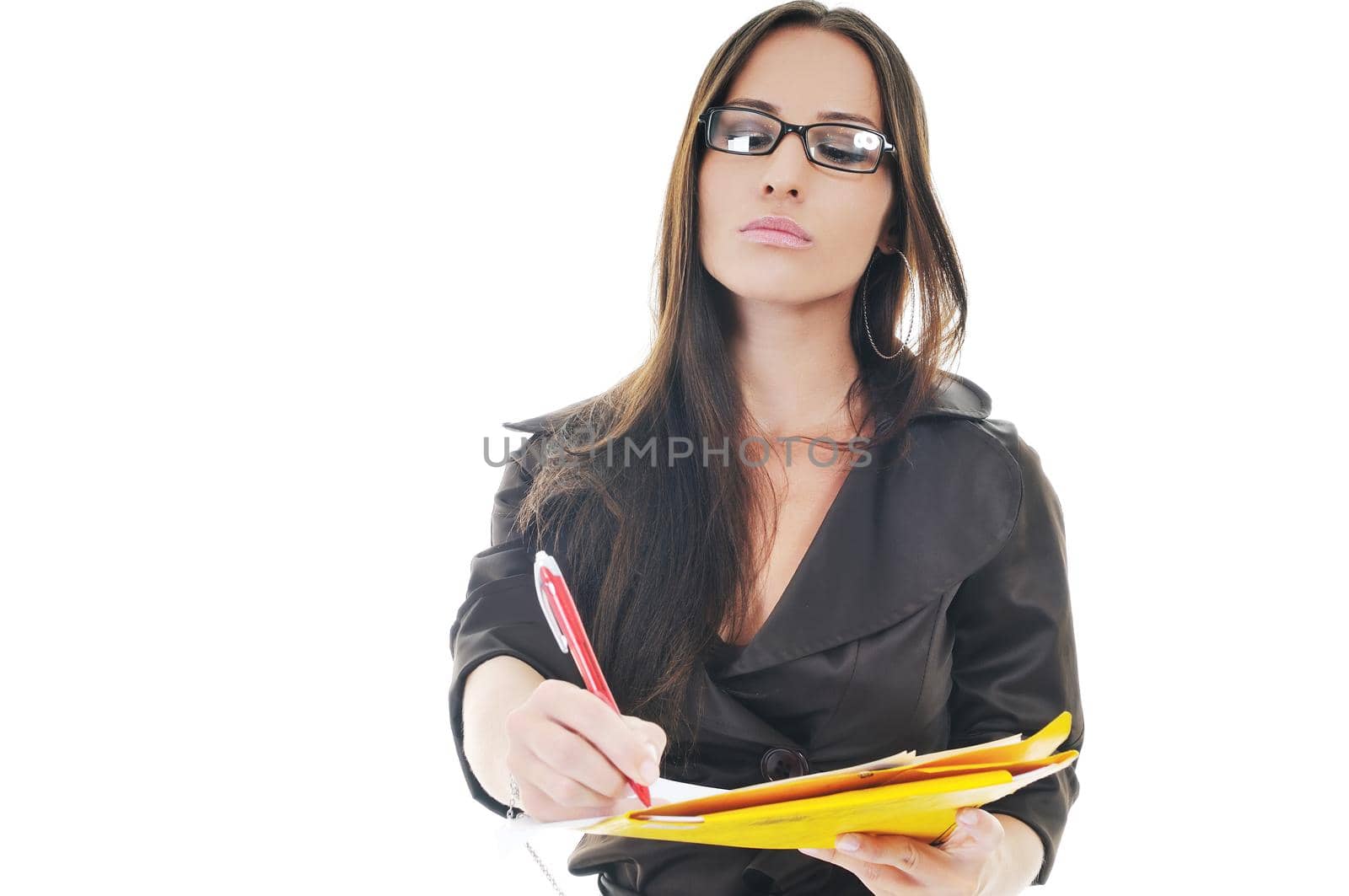 young business woman hold folders papers and documents 