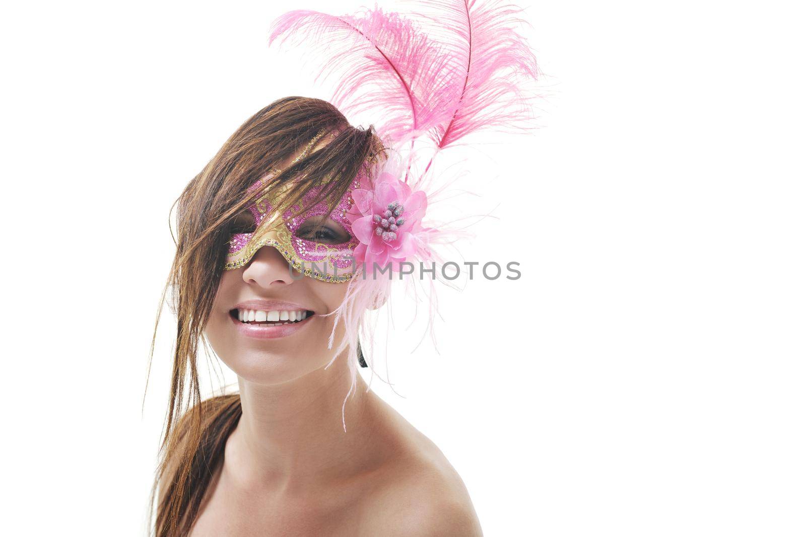 young brunete woman with italian traditional mask isolated on white