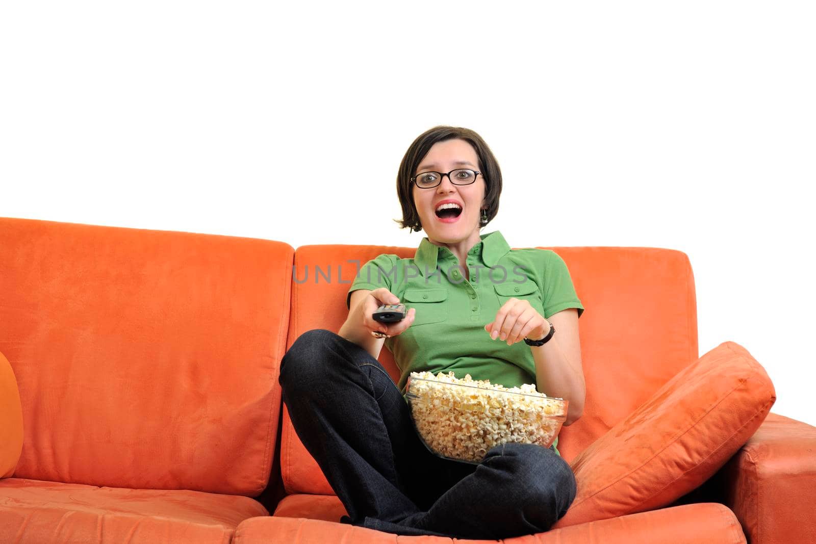 young woman eat popcorn, watching movies and eat popcorn at modern home living room  isolated on white background