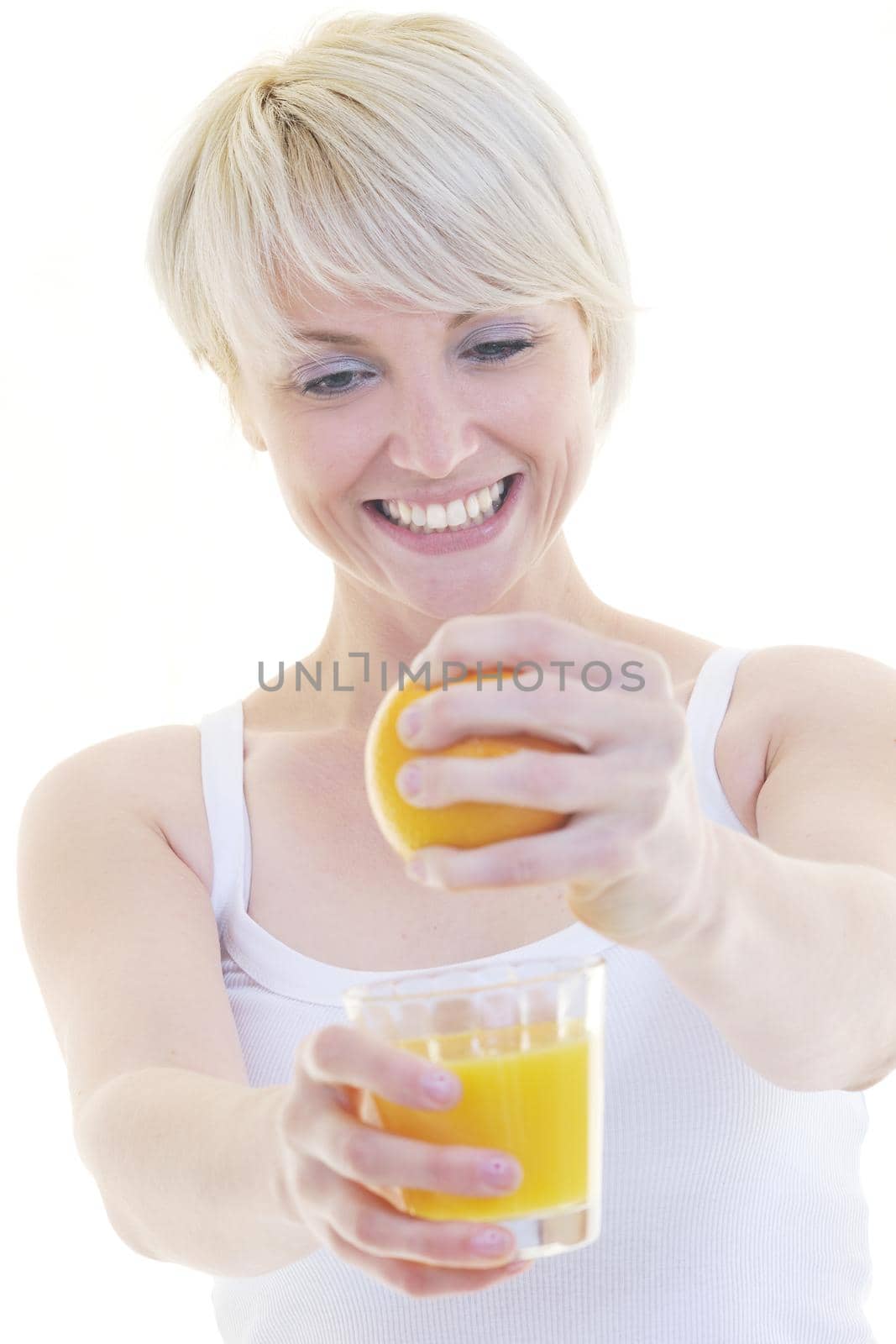 woman squeeze fresh orange juice drink  isolated over white background