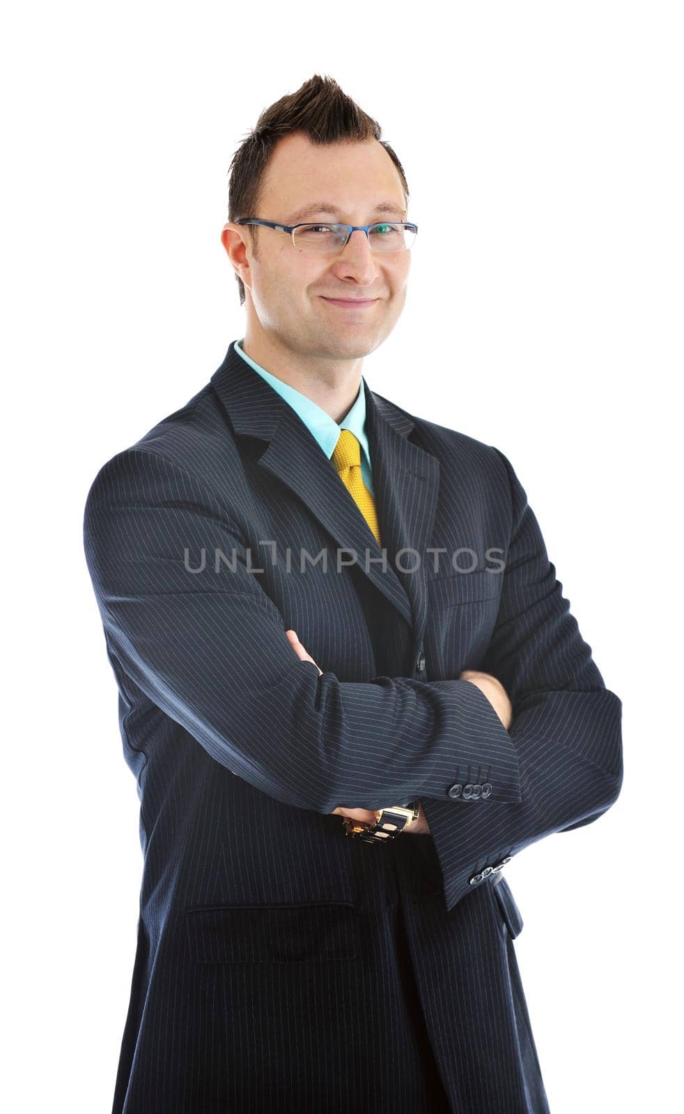 happy young businessman in business suit  portrait isolated on white background