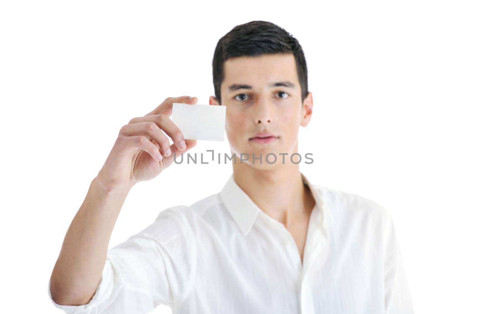 portrait of young businessman with empty business card isolated on white background 