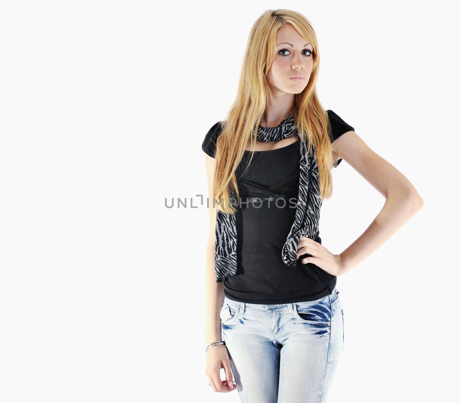 beautiful young woman in fashion clothes isolated on white background