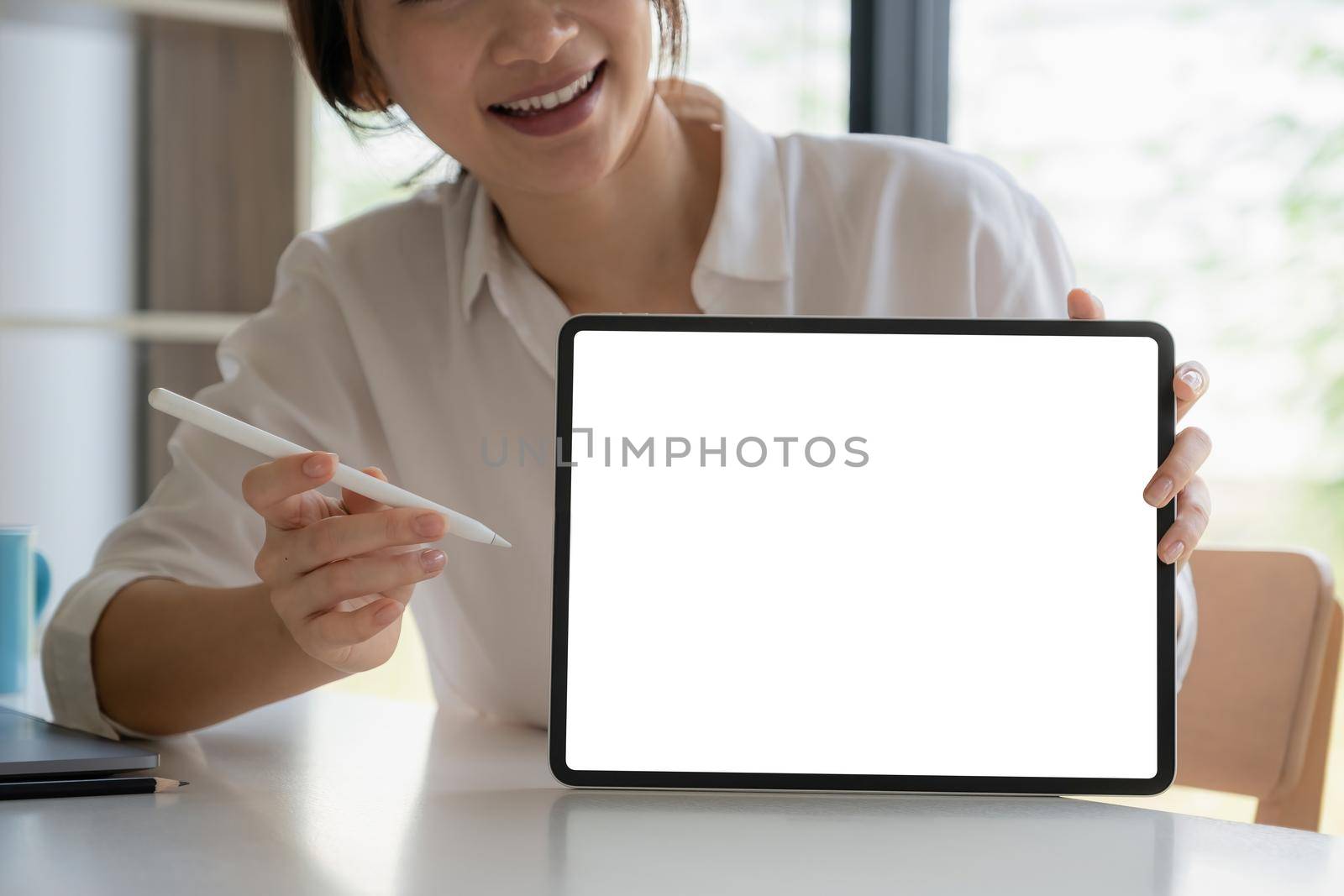 Business woman holding digital tablet. Blank screen for your advertising.