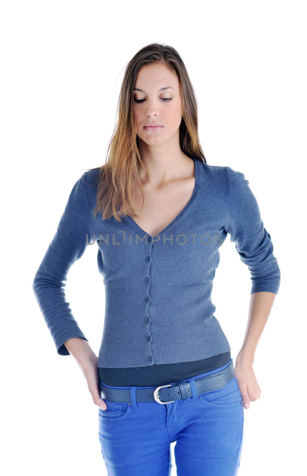 beautiful young woman in fashion clothes isolated on white background