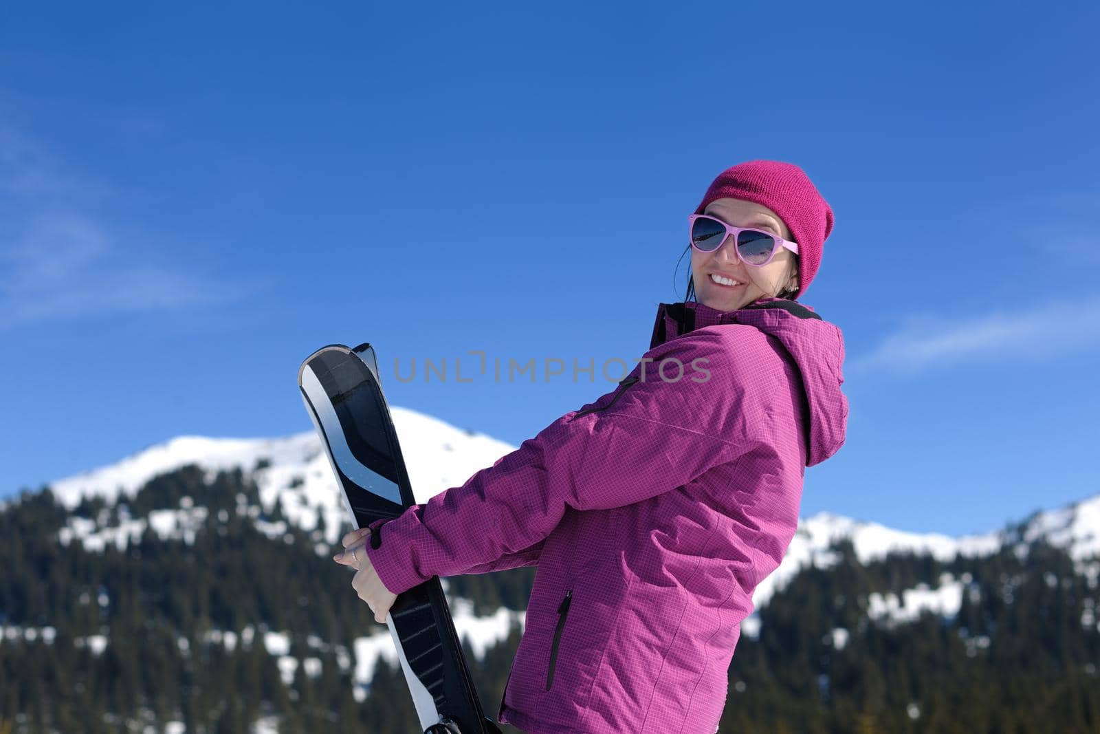 winter woman ski sport fun travel snow