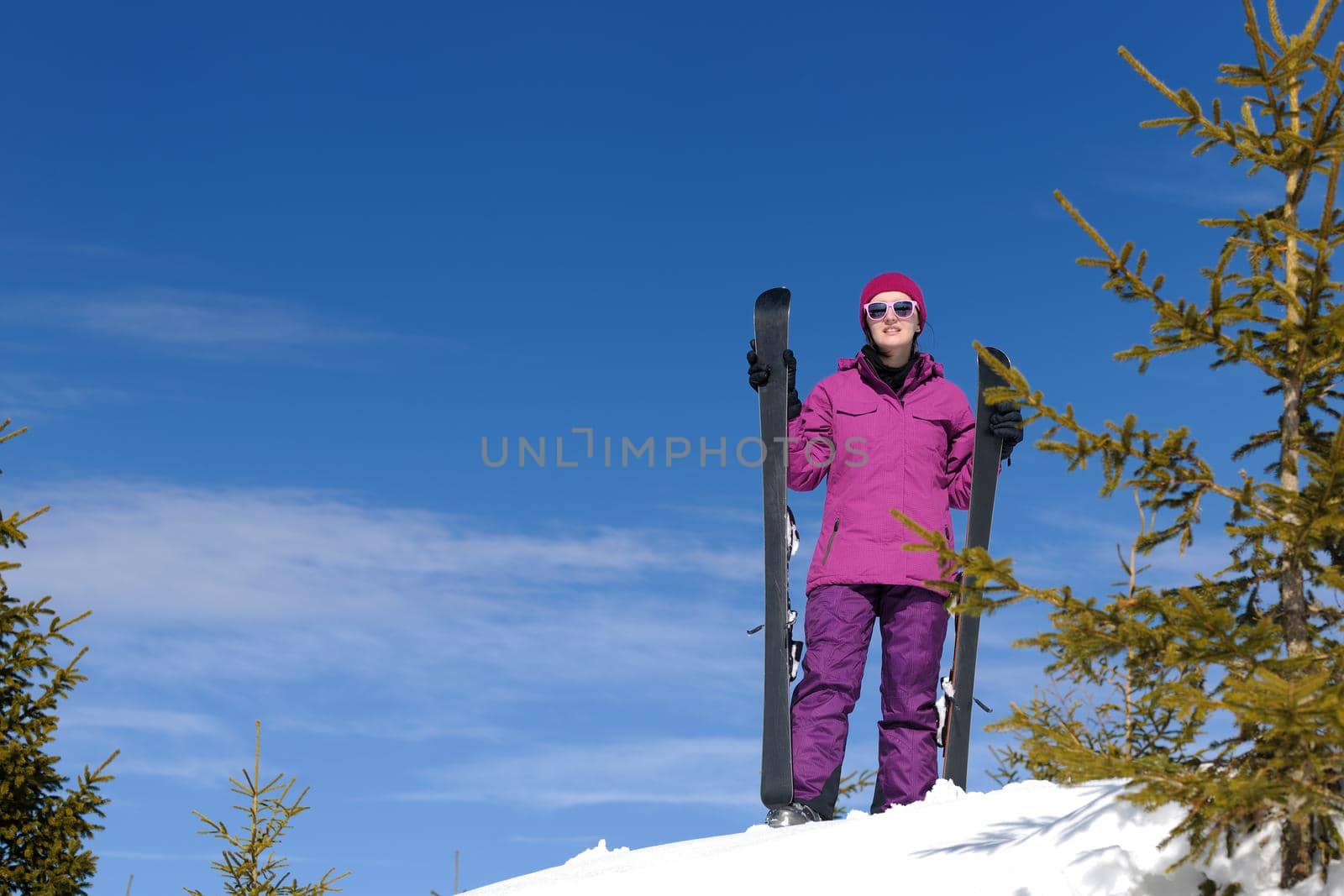 winter woman ski sport fun travel snow