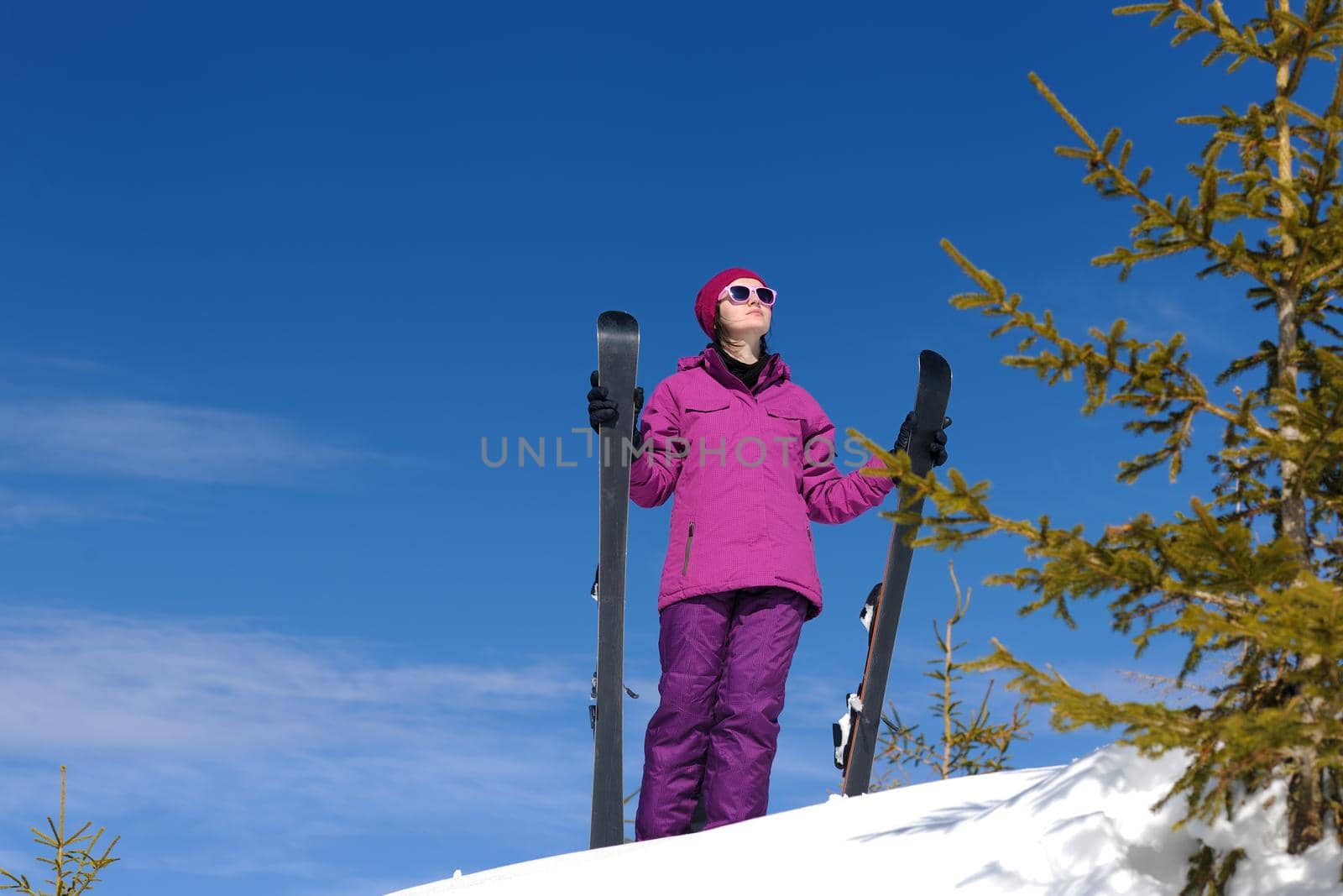 winter woman ski sport fun travel snow