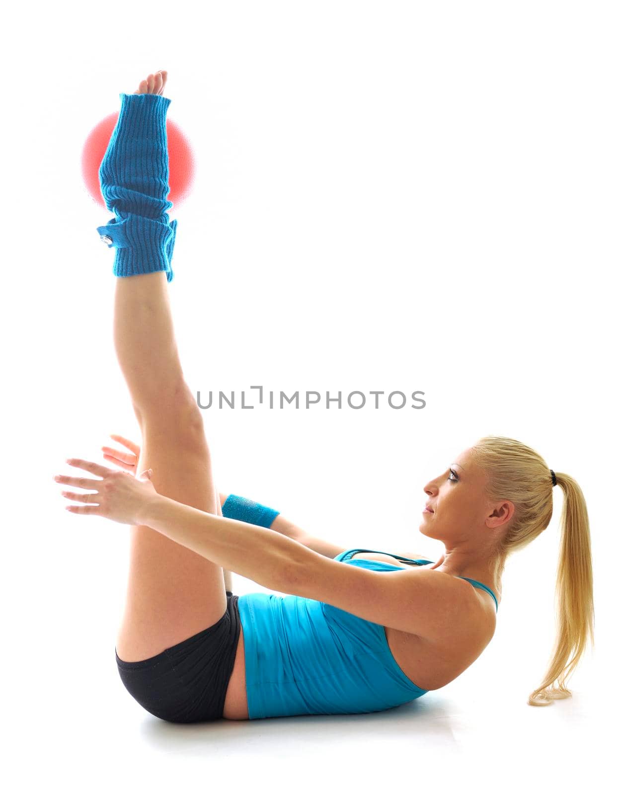 young beautiful woman exercise fitness pose isolated on white in studio