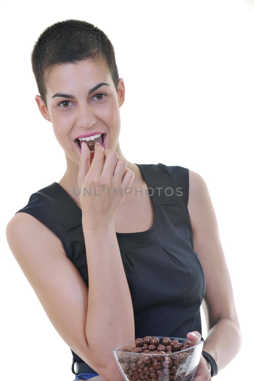 beautiful hapy young female woman brunette model posing isolated on white background