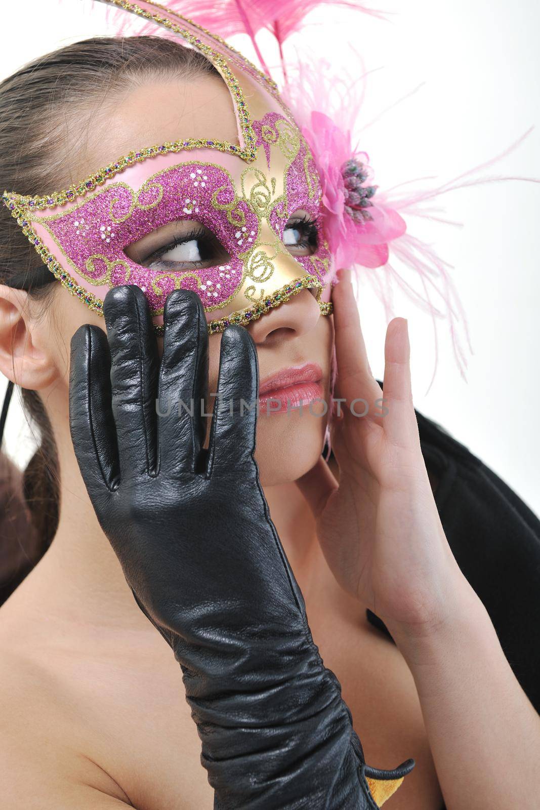 young brunete woman with italian traditional mask isolated on white