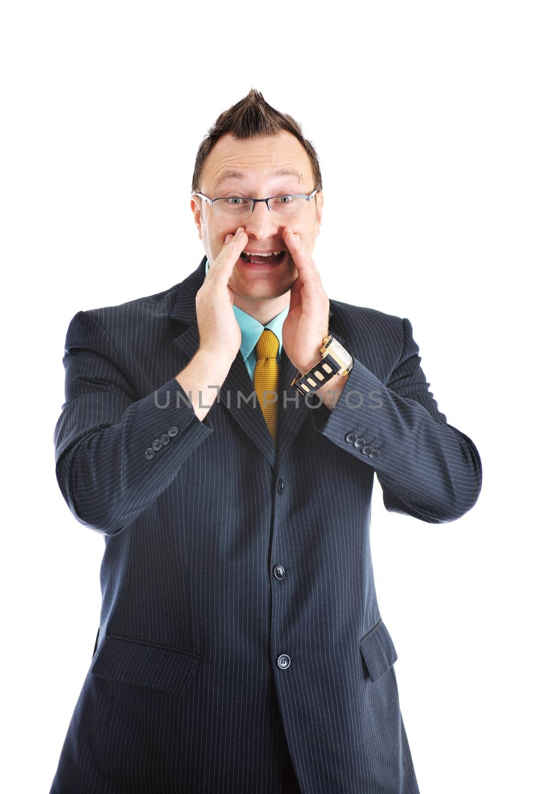 happy young businessman in business suit  portrait isolated on white background