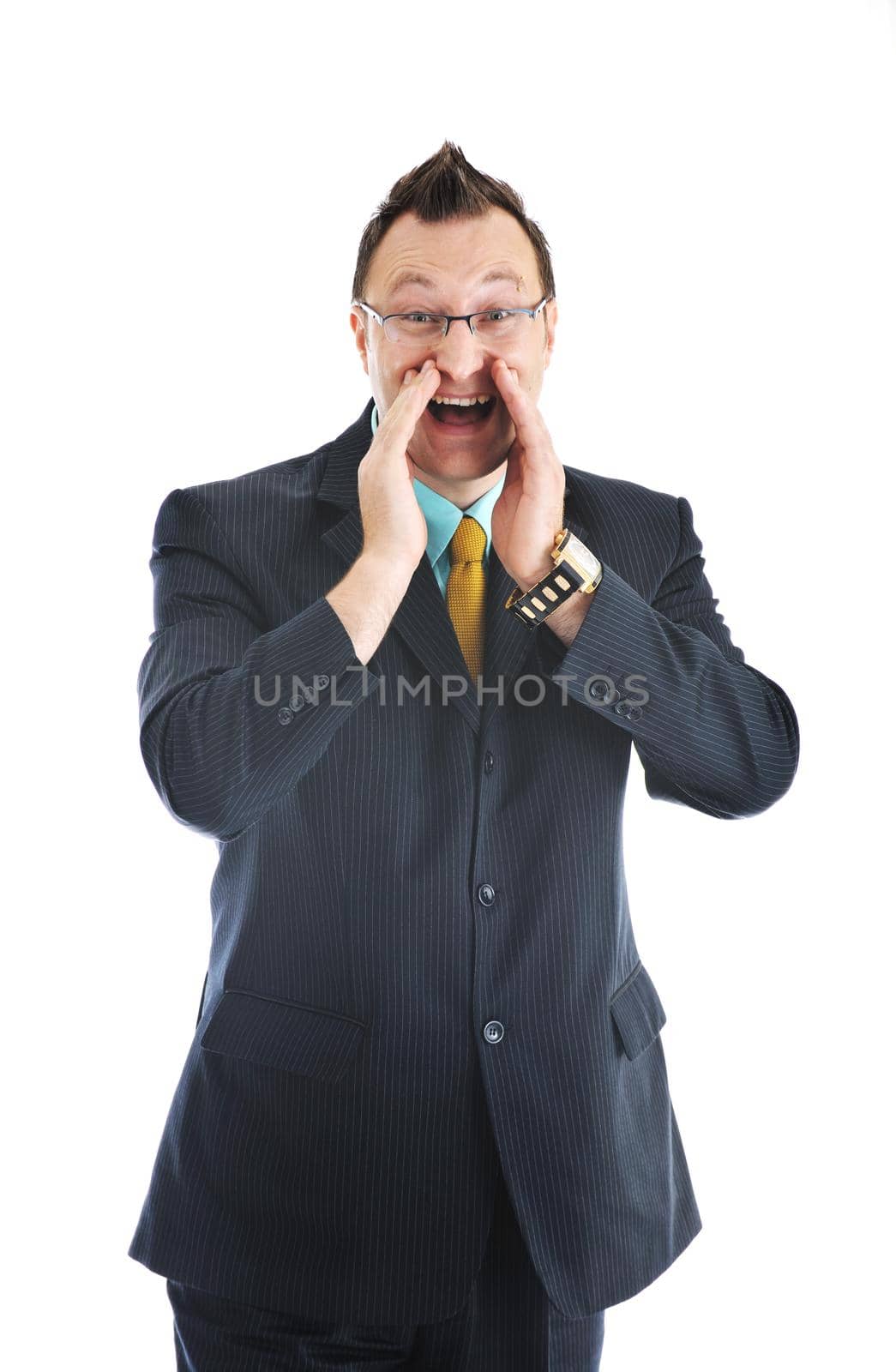 happy young businessman in business suit  portrait isolated on white background