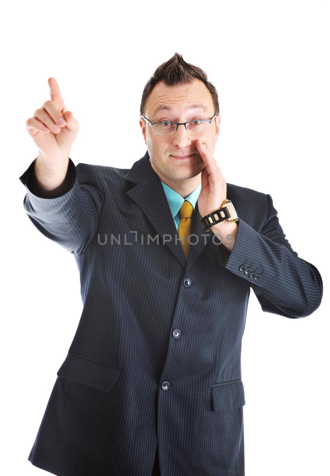 happy young businessman in business suit  portrait isolated on white background