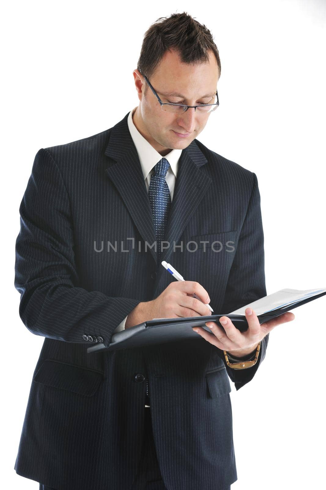 happy young businessman in business suit  portrait isolated on white background