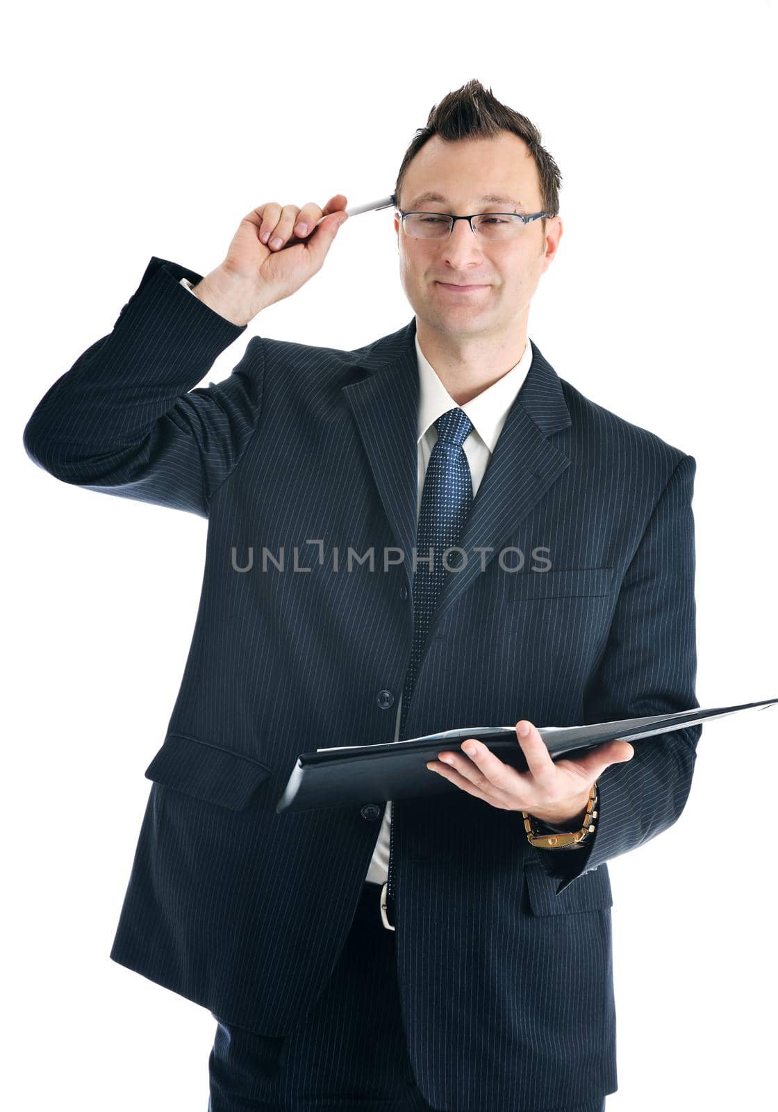 happy young businessman in business suit  portrait isolated on white background