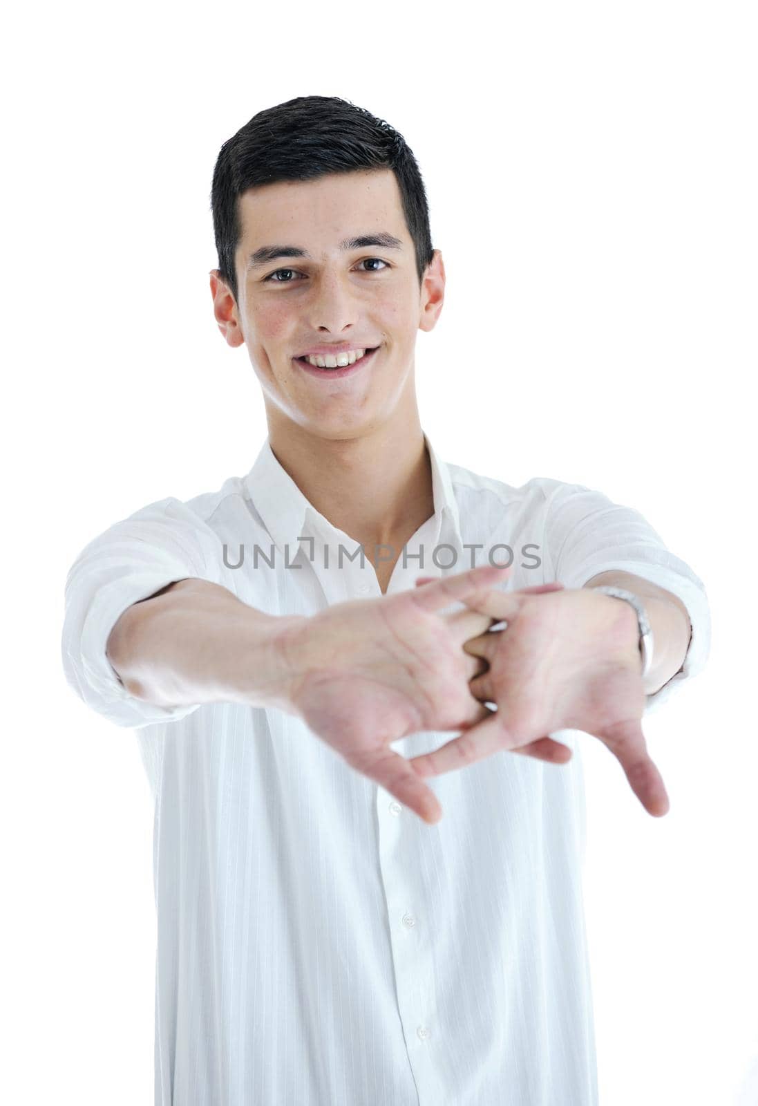 happy young businessman in business suit  portrait isolated on white background