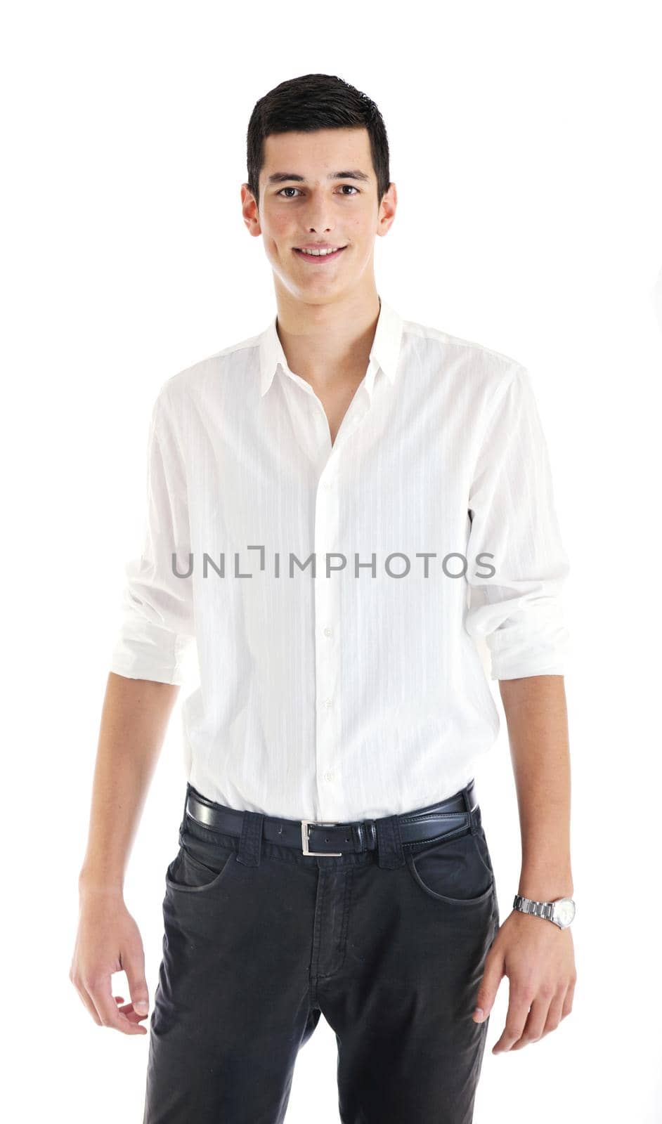 happy young businessman in business suit  portrait isolated on white background