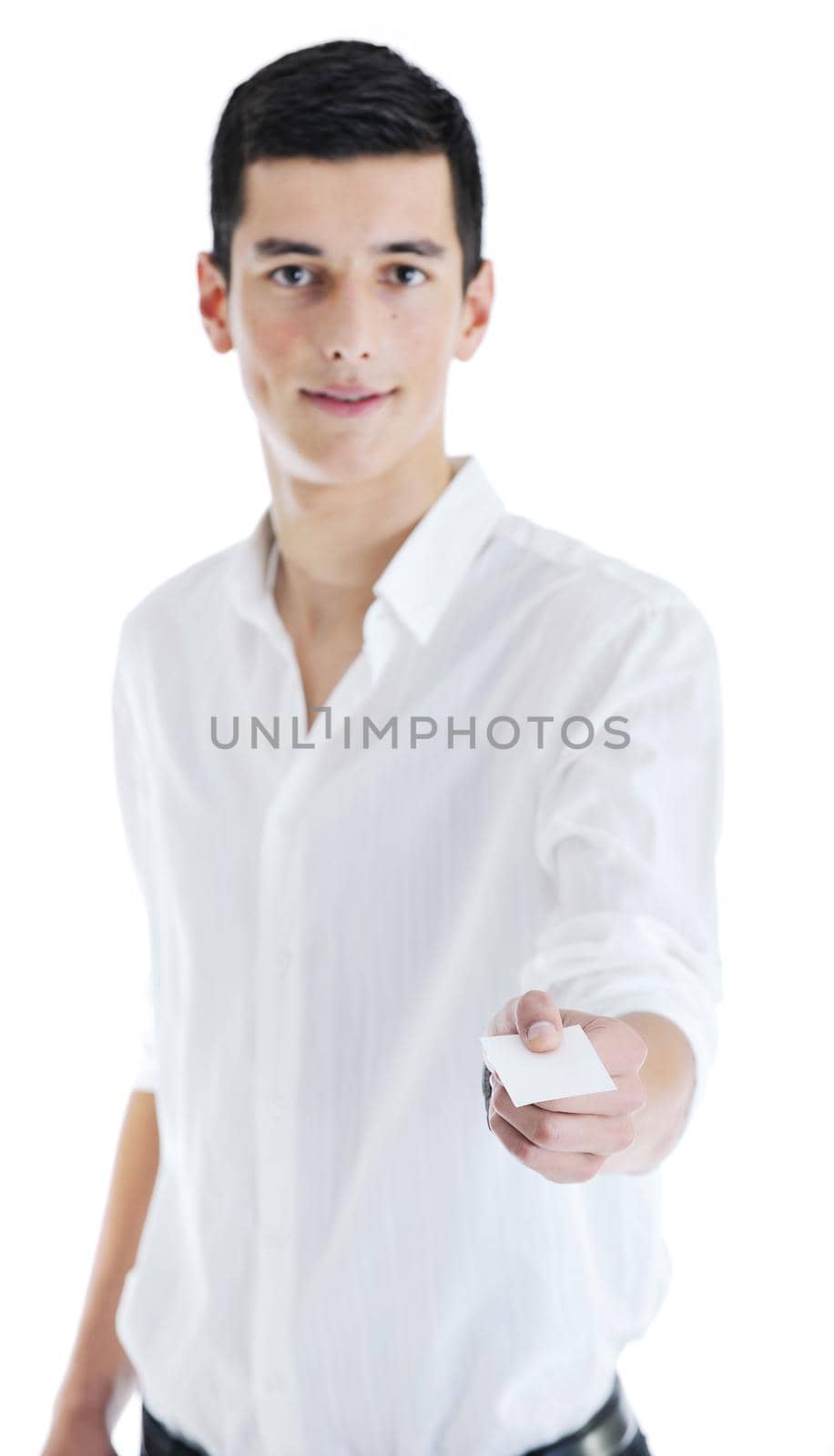 portrait of young businessman with empty business card isolated on white background 