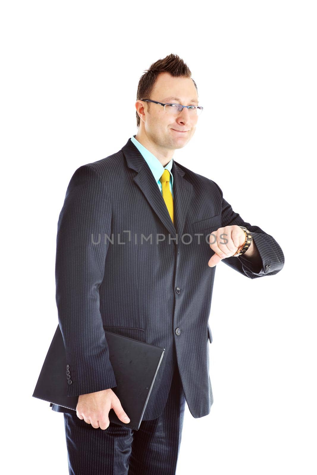 happy young businessman in business suit  portrait isolated on white background