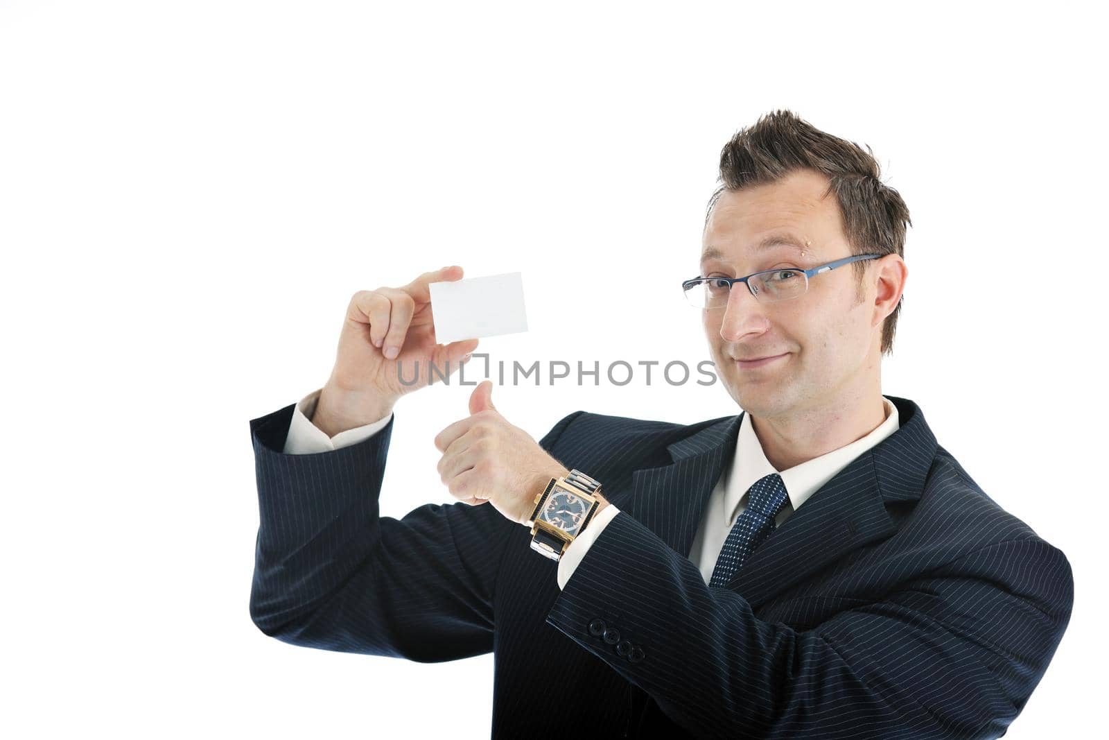 portrait of young businessman with empty business card isolated on white background 