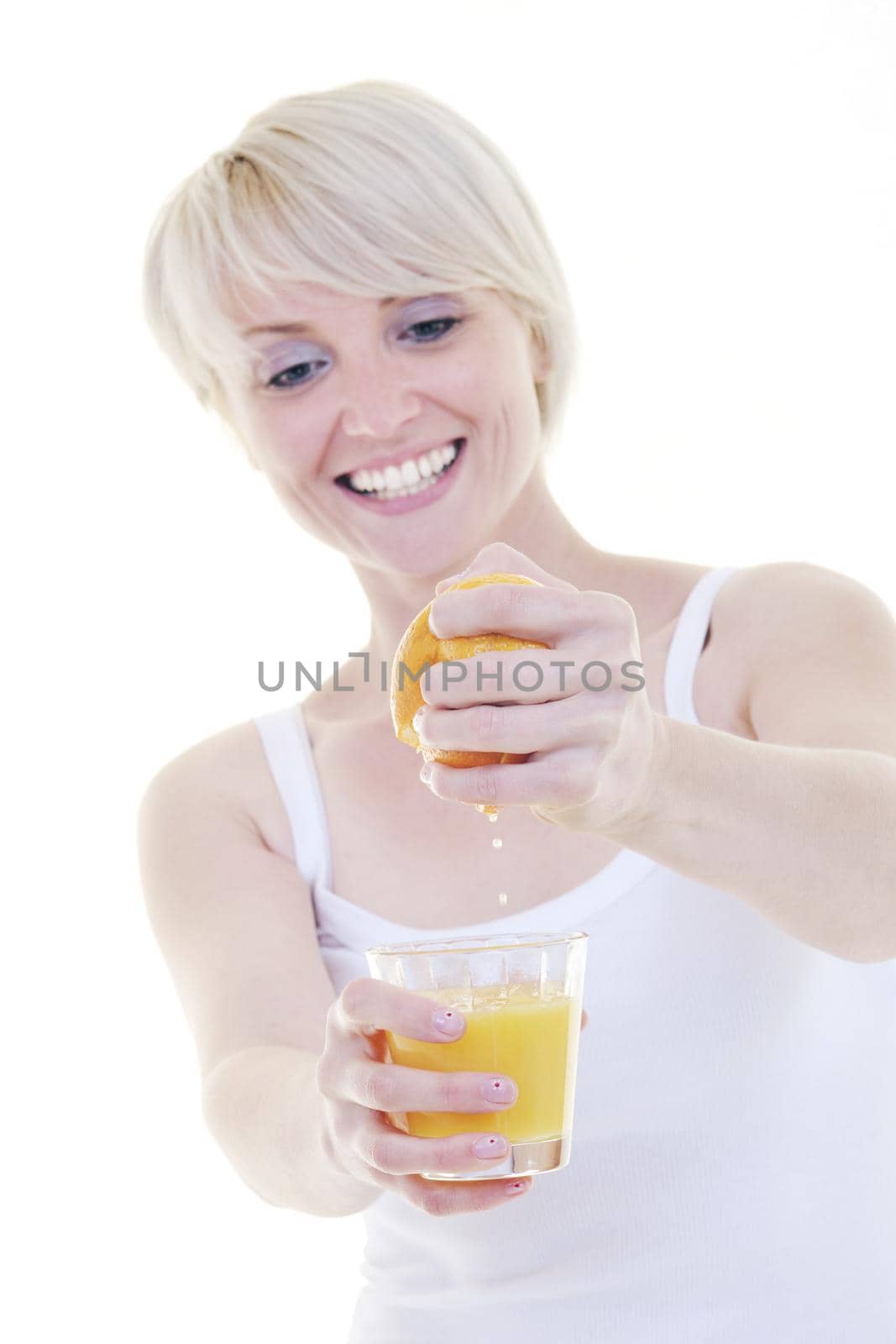 woman squeeze fresh orange juice drink  isolated over white background