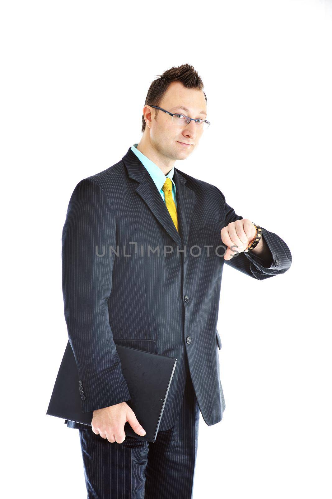 happy young businessman in business suit  portrait isolated on white background