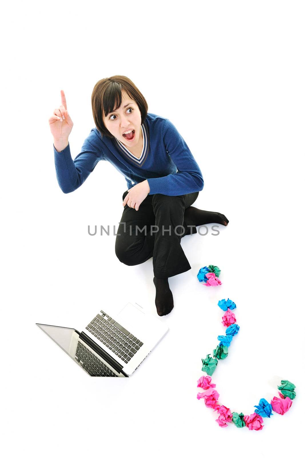 young beautiful brunette student woman working on laptop computer and finding solutions