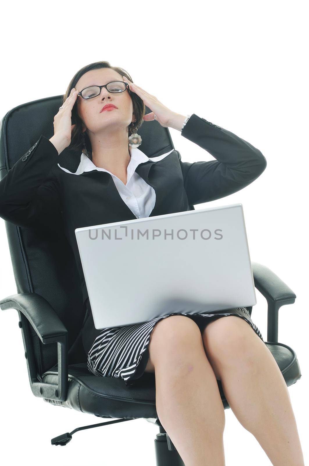young business woman isolated on white with head pain and problems