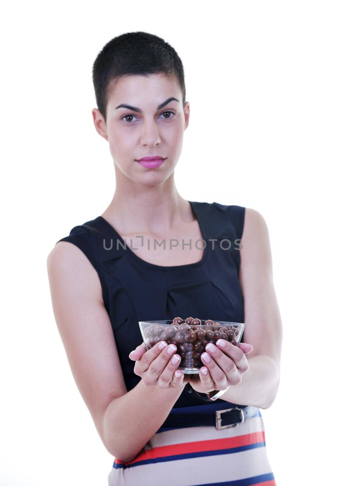 young lady isoladet on white background hold tasty chocolate cup
