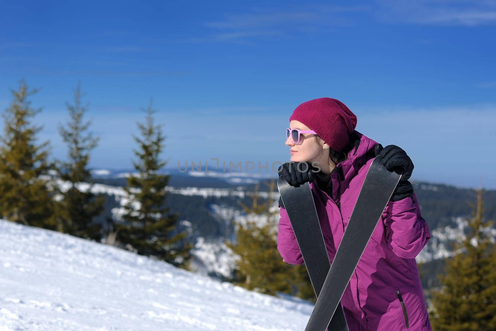 winter woman ski sport fun travel snow