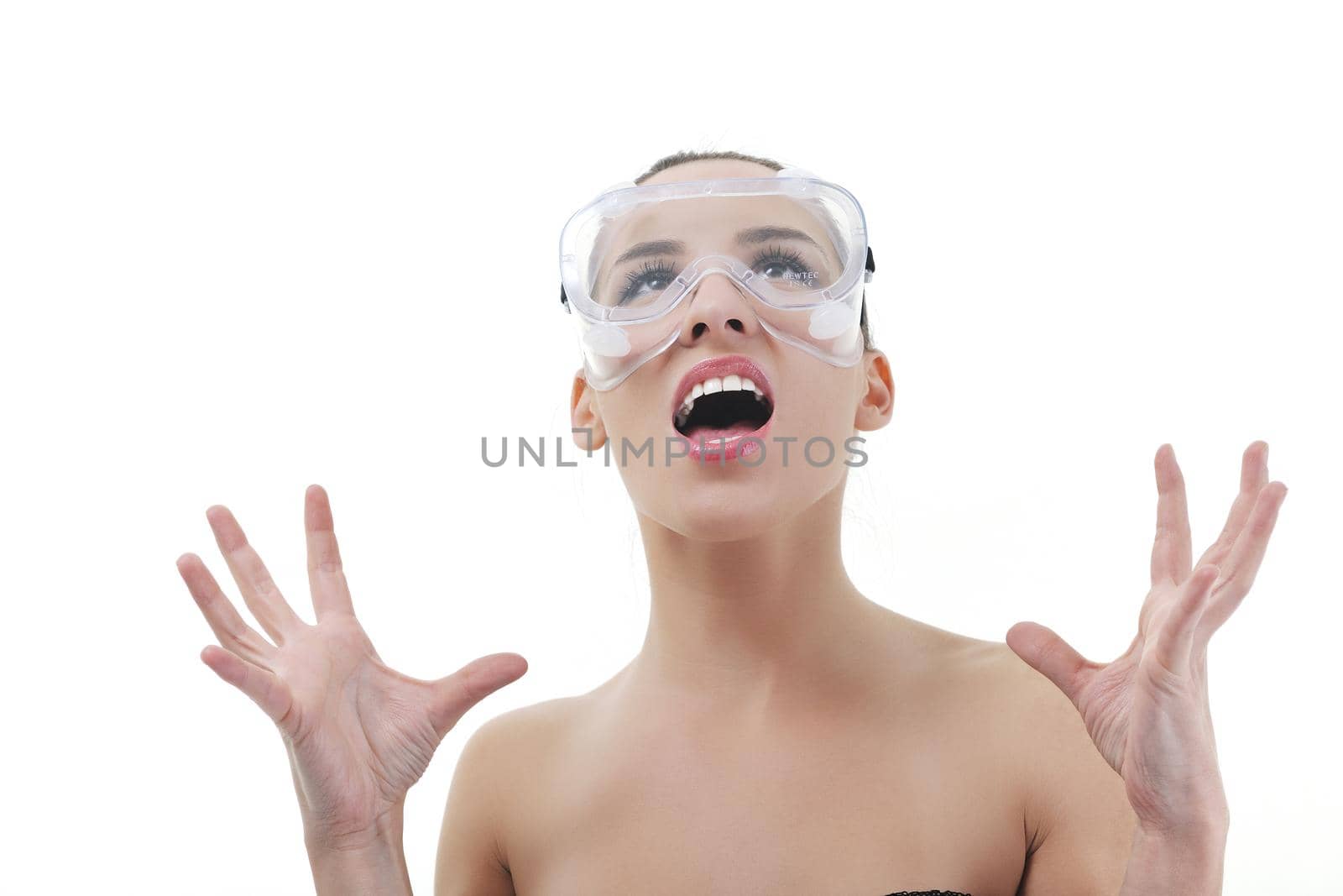 woman with industi protective eyeglasses isolated on white