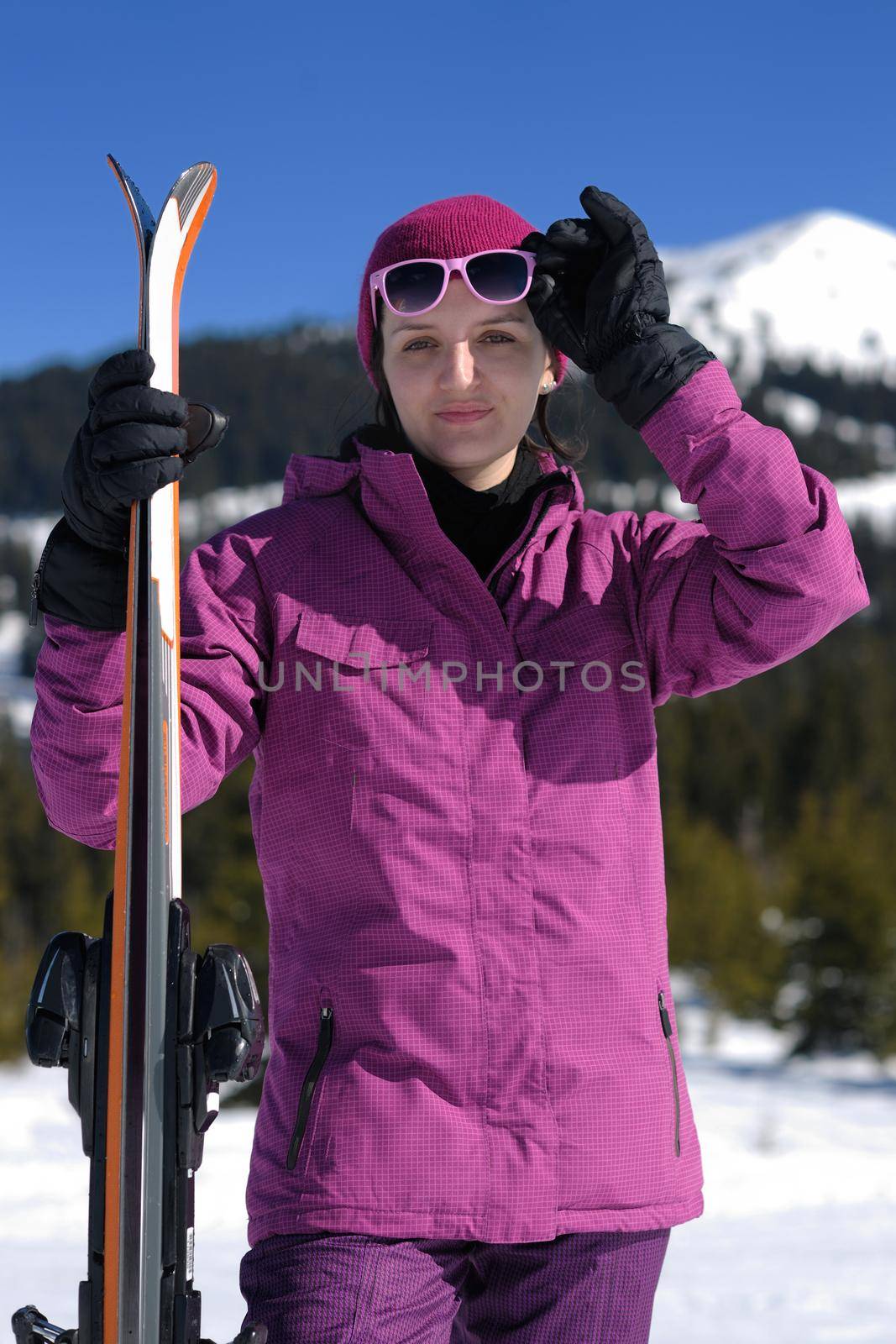 winter woman ski sport fun travel snow