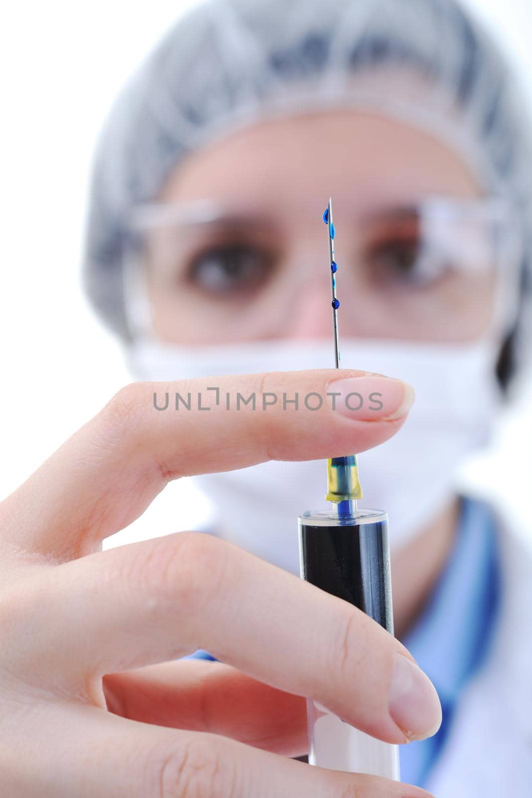 injection macro closeup with nurse doctor woman  isolated on white