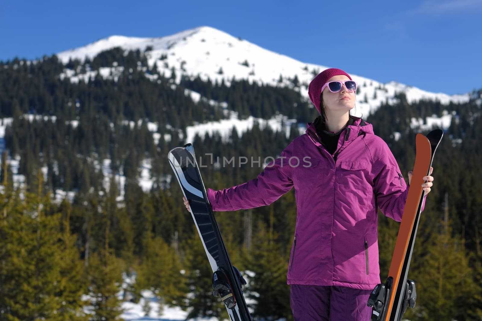 winter woman ski sport fun travel snow
