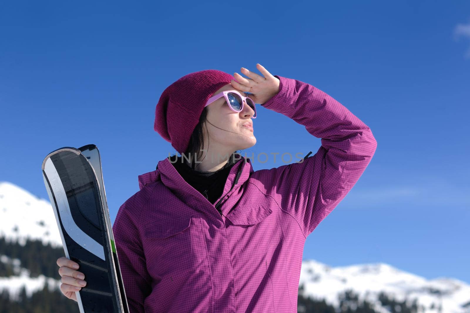 winter woman ski sport fun travel snow