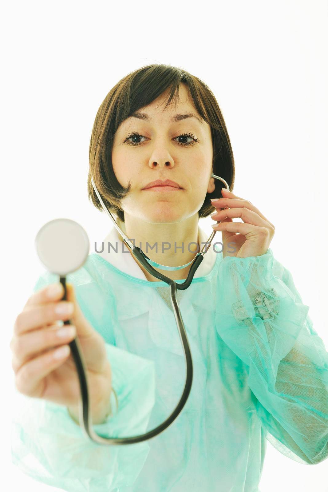 young happy doctor nurse woman with stethoscope isolated on white