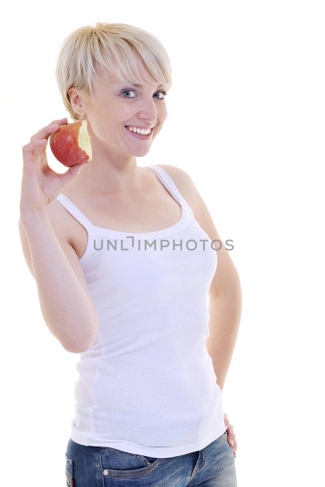 happy  young  woman eat green apple isolated  on white by dotshock
