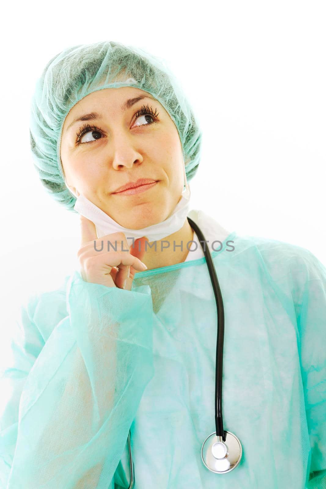 young happy doctor nurse woman with stethoscope isolated on white