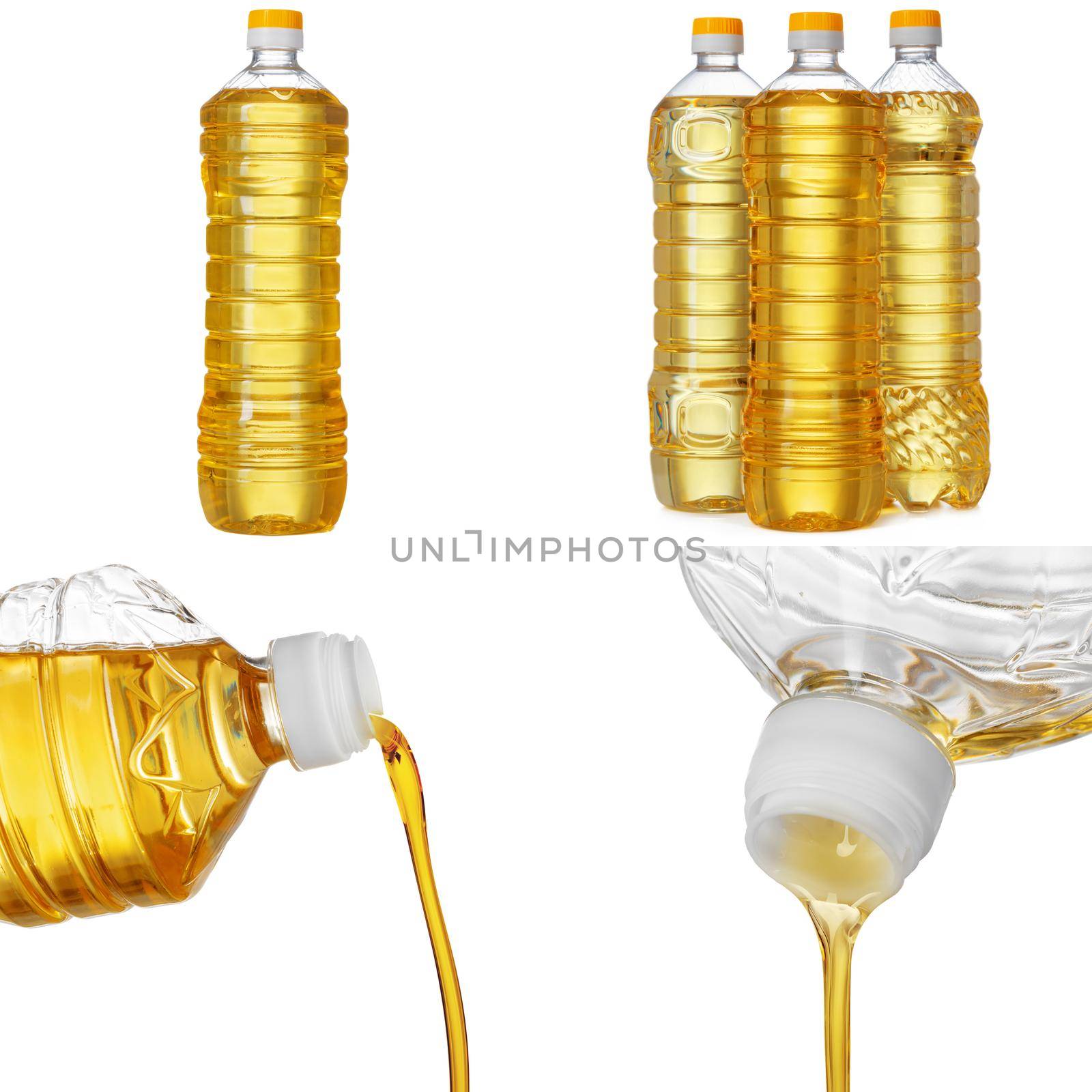 Sunflower oil bottles collage on white background by Fabrikasimf