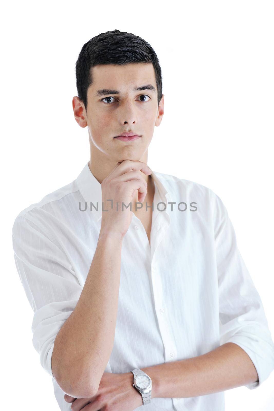 happy young businessman in business suit  portrait isolated on white background