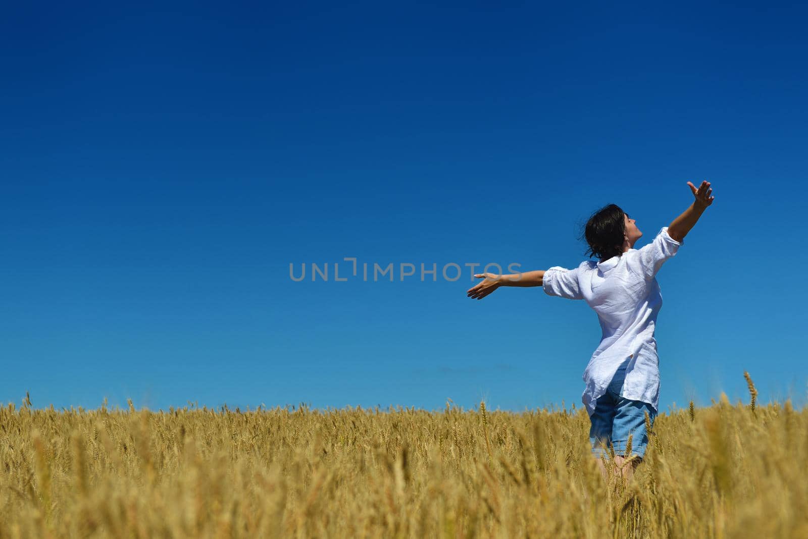 Young woman standing jumping and running  on a wheat field with blue sky in  background at summer day representing healthy life and agriculture concept
