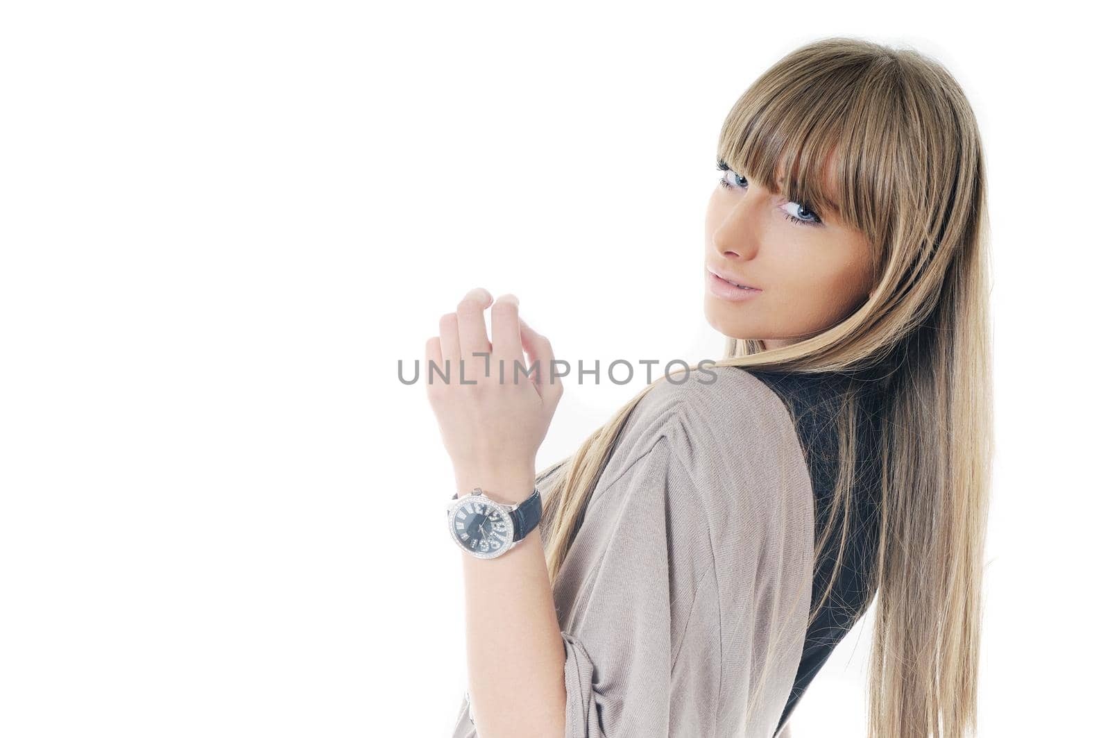 young beautiful woman fashion headshoot isolated on white