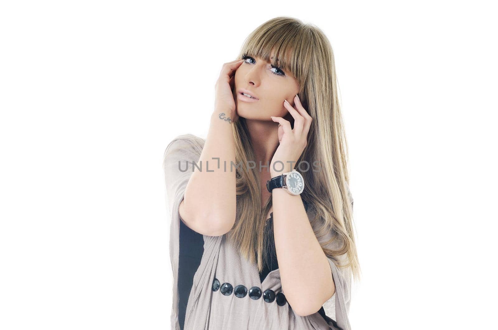 young beautiful woman fashion headshoot isolated on white
