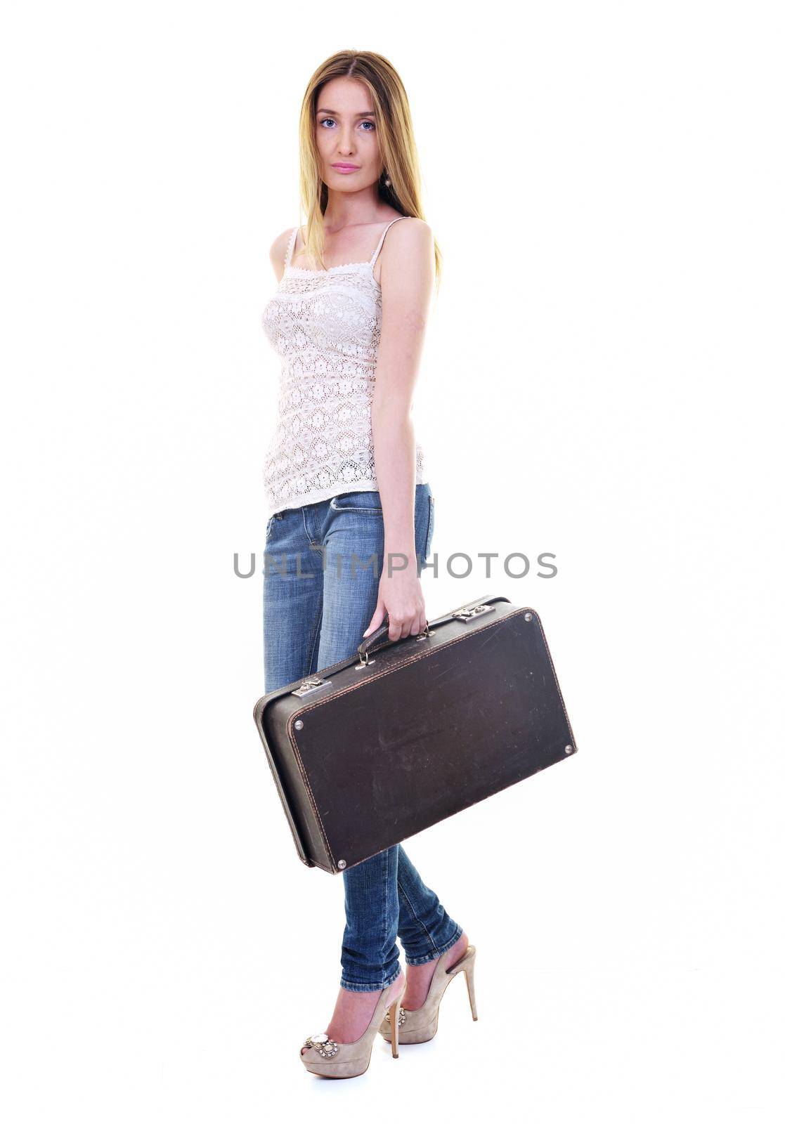 blonde girl with travel bag isolated on white background in studio