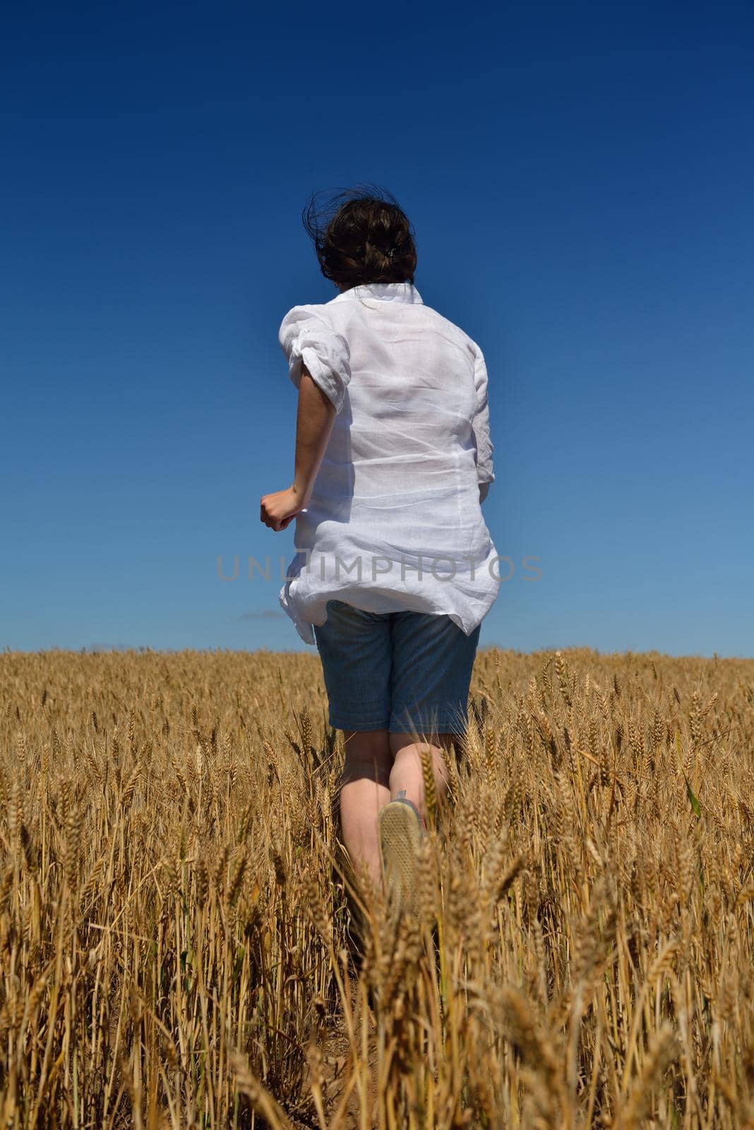 Young woman standing jumping and running  on a wheat field with blue sky the background at summer day representing healthy life and agriculture concept