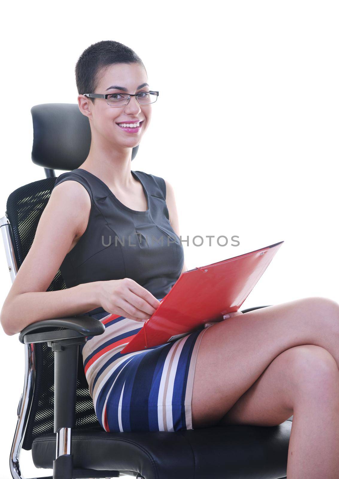 beautiful hapy young female woman brunette model posing on ergonomic business chair