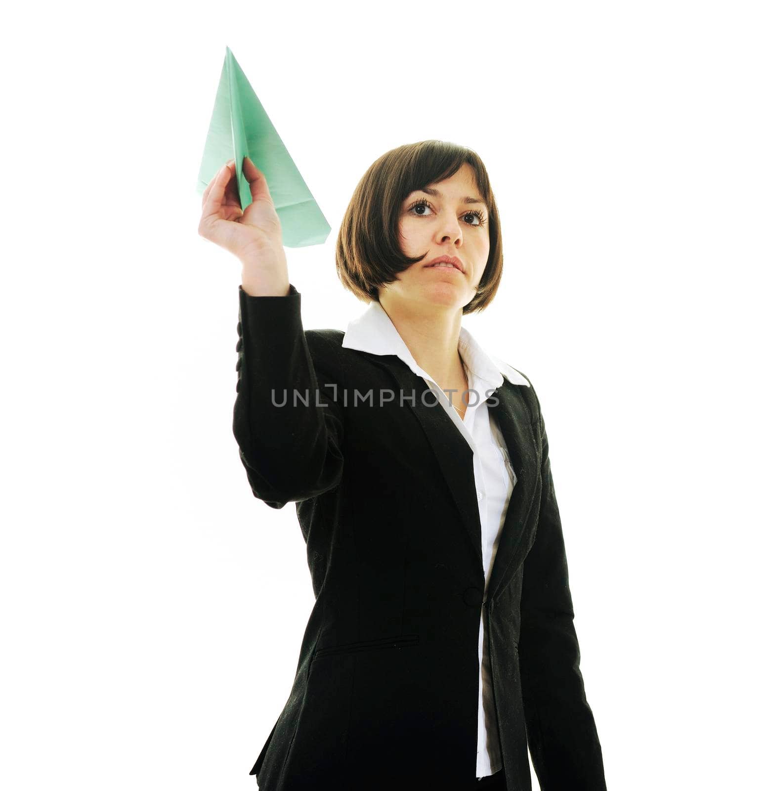 happy young business woman isolated ona white throwing paper airplane 