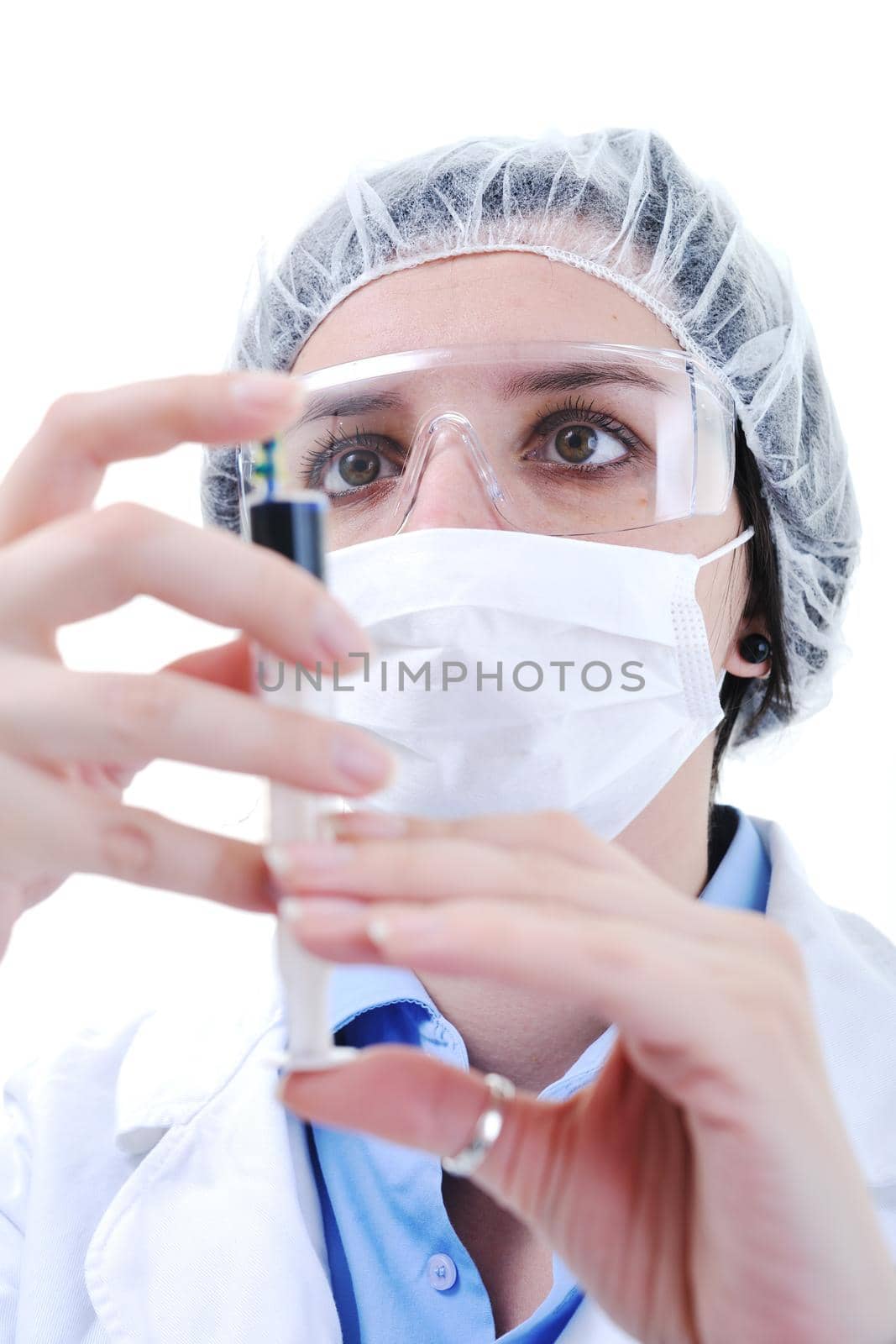 injection macro closeup with nurse doctor woman  isolated on white